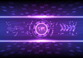 Abstract Hi Tech Background Tech glow circles have a map in the middle. electronic circuit with dots of light on the left and right, laser light, grid, top and bottom purple gradient background vector