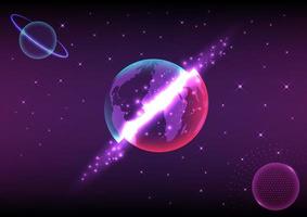 espacio negro abstracto el mundo se dividió, una hermosa luz apareció en la grieta. resplandor púrpura con círculos brillantes con planetas con anillos y estrellas sobre un fondo degradado. vector