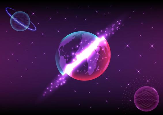 Abstract Blackground Space The world split apart, a beautiful light appeared in the crack. Purple glow with glowing circles with planets with rings and stars on a gradient background.