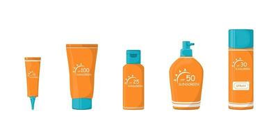 Cartoon collection sunscreen products on isolated background, Vector illustration.