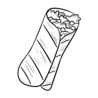 Vector doodle illustration of mexican food, tortilla burrito isolated on white.