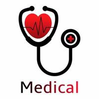Ilustración de vector de logotipo médico estetoscopio. símbolo del corazón del cardiograma. icono de latido del corazón y estetoscopio de color rojo. diseño de logotipo médico moderno