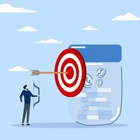 Financial goal concept, investment target, goal setting for retirement plan success, smart businessman investor or adviser shooting archer arrow hitting bull's eye target to save pink piggy bank. vector