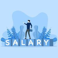 concept of office salary or bank deposit employee working businessman, office man walking on word cube block building Salary on blue yellow background, Salary man. vector