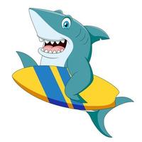 Cute shark cartoon carrying a surfboard. Cute animal illustration vector