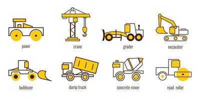 Road construction vehicles icons in outline style vector