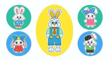 Set of five vector stickers in the 2000s style in the form of cute rabbits, a symbol of the new year