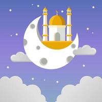 illustration of moon and mosque in the sky with clouds vector