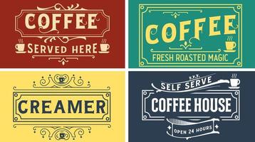 Vintage coffee label sign vector graphic svg design for coffee shop, brand, bar, house. Served here. Fresh roasted magic. self serve, open 24 hours.