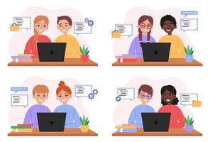 Kids learning coding programm. A girls and a boys using the laptop. Flat vector illustration.