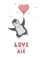 linda caricatura enamorándose del pingüino para la tarjeta de felicitación de San Valentín. personaje vectorial con un globo de aire en forma de corazón que vuela hacia el cielo. vector