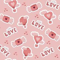 concepto de día de san valentín de patrones sin fisuras con pegatinas de dibujos animados lindo vector, letras con alas y globos de aire. fondo rosa para envolver papel y cajas de regalo vector