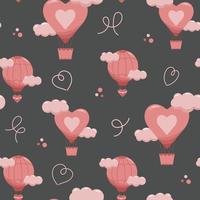 Vector flat seamless pattern of air balloons in pastel pink colors with clouds. Romantic cute baby print. Little princess design. Dark wallpaper for baby girl