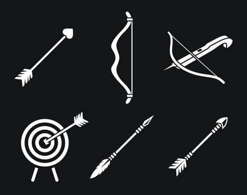 Archery icons set. White on a black background