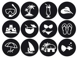 conjunto de iconos de playa de verano, blanco sobre un fondo negro vector