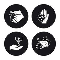 Hands hygiene icons set. White on a black background vector