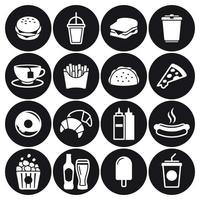 conjunto de iconos de comida rápida. blanco sobre un fondo negro vector