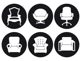 conjunto de iconos de sillones. blanco sobre un fondo negro vector