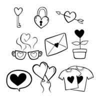 elementos de conjunto de dibujos animados de línea de garabato. ilustración vectorial tema de San Valentín para la decoración o cualquier diseño. vector