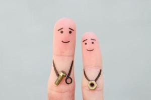 Fingers art of happy family. Concept father teaches son to repair. photo