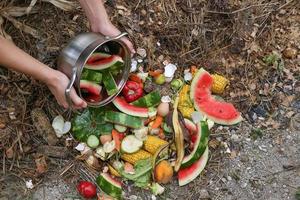 Domestic waste for compost from fruits and vegetables. Woman throws garbage. photo