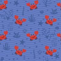 Cute cheerful crab with sea shells and coral vector seamless pattern.