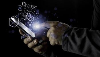 Businessman holding light icon GPT intelligence Ai.Chat GPT Chat with AI Artificial Intelligence, chat generate. Futuristic technology, robot in online system. photo