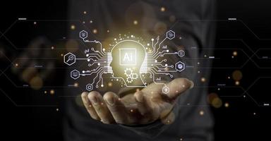 Businessman touching digital chatbot for provide access to information and data in online network, application and global connection, AI, Artificial intelligence, innovation and technology. photo