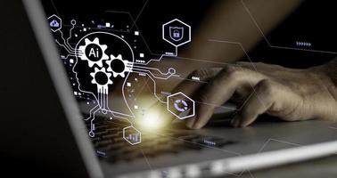 Businessman touching digital chatbot for provide access to information and data in online network, application and global connection, AI, Artificial intelligence, innovation and technology. photo