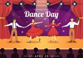 International Dance Day Illustration with Professional Dancing Performing Couple or Single in Flat Cartoon Hand Drawn for Landing Page Templates vector