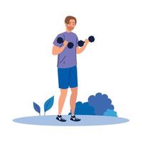 man practicing exercises with dumbbells outdoor, recreation exercise sport vector