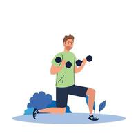 man practicing exercises with dumbbells outdoor, exercise sport recreation vector