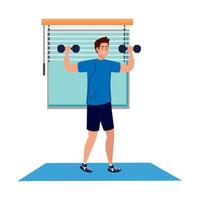 man practicing exercises with dumbbells in the house, exercise sport recreation vector