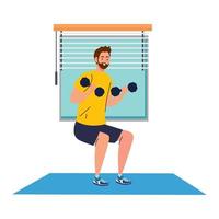 man doing squats with dumbbells in the house, exercise sport recreation vector