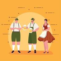 dibujos animados de hombres y mujeres de oktoberfest con tela tradicional y diseño de vector de cerveza