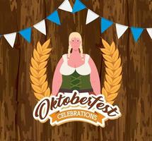 dibujos animados de mujer oktoberfest con tela tradicional con diseño de vector de corona de orejas de trigo