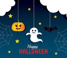 Halloween pumpkin ghost and bat cartoons hanging vector design