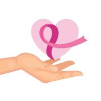 cinta rosa sobre la mano del diseño del vector de concientización sobre el cáncer de mama