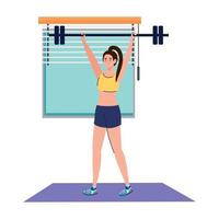 woman doing exercises with weight bar in the house, sport recreation exercise vector