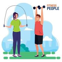 couple doing exercises with dumbbells outdoor, sport recreation exercise vector