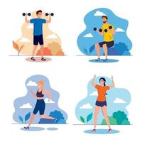 set scenes young people practicing exercises outdoor, sport recreation concept vector