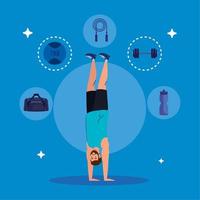 man standing on the hands with sport icons, sport recreation exercise vector