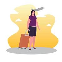 tourist woman walking with luggage and airplane flying vector