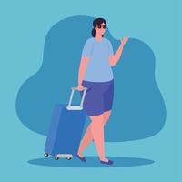 tourist woman walking with luggage on blue background vector