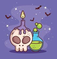happy halloween banner and skull, candle and posion magic vector