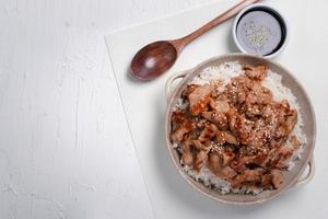 Roast pork with teriyaki sauce sprinkled with white sesame seeds on a white background. photo