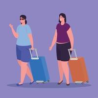tourist women walking with luggage on white background vector
