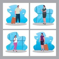 set scenes, tourist people with luggage in airport terminal vector