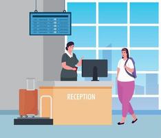 azafata y mujer en la recepción de la terminal del aeropuerto