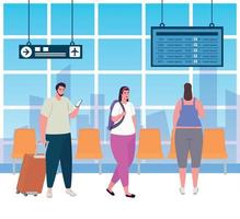 group people in the airport terminal, passengers at airport terminal with baggages vector